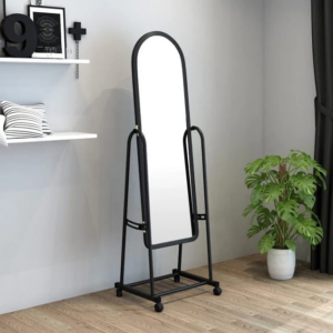 Standing Full Length Dressing Mirror Black Decorative Metallic Frame Movable with Wheels