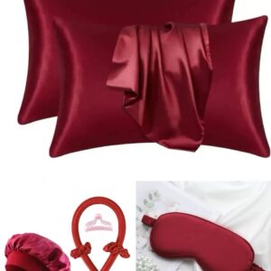 7 in 1 Ladies sleeping silk night set contains Pillow case, Eye mask, Heatless curling headband, Hair bonet, Hair clip, Hairband Maroon, Cream, Black, Pink