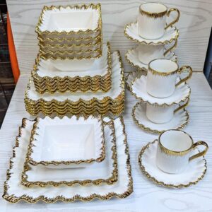 30 pcs Ceramic Dinner Set Wavy Square Design White and Gold