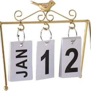 Decorative gold metal bird-themed perpetual flip desk calendar featuring a vintage design suitable for home or office decor