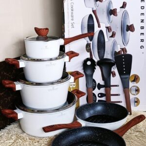 15 pcs edenberg nonstick White Non-stick dotted Edenberg cookware set with kitchen tools