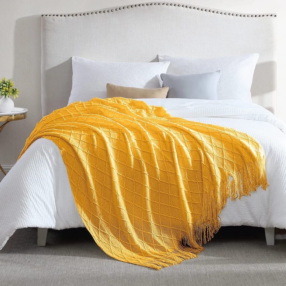 Jacquard Knitted tassel throw blankets Acrylic Cashmere Decorative Sofa or bed throw Orange Gray White Green Yellow - Image 6