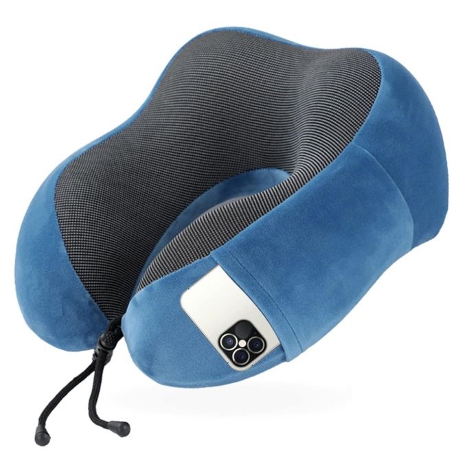 Ergonomic Neck Pillow Memory Foam Travel Compressable - Blue