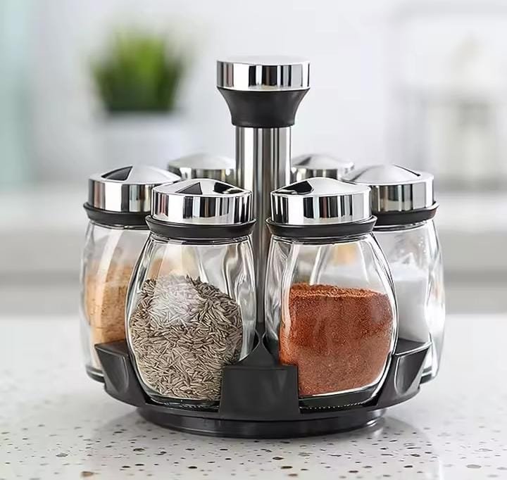 7-in-1 Rotating Spice Jar Set – Glass & Silver | Kitchen Storage Kenya