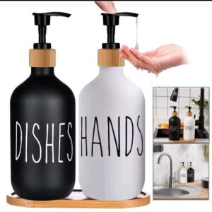Ceramic Soap Dispenser Set with Bamboo Stand – Black/White | Bathroom & Kitchen Decor Kenya