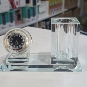 Crystal Glass Desktop Clock & Pen Holder Set – Luxury Office Decor | Desk Accessories Kenya
