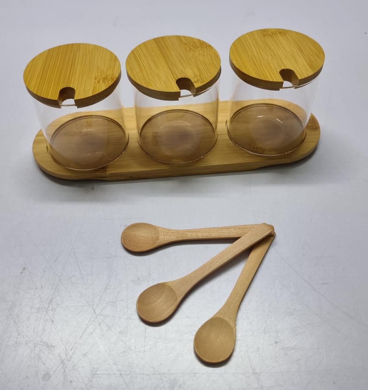 3-in-1 Glass Sugar Set with Bamboo Stand – Condiment Jars with Lids & Spoons | Kitchen Organization Kenya - Image 2