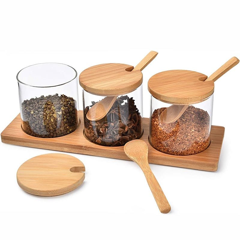 3-in-1 Glass Sugar Set with Bamboo Stand – Condiment Jars with Lids & Spoons | Kitchen Organization Kenya
