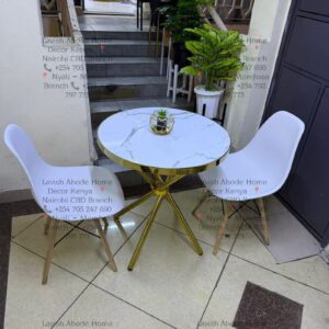 Round Marble Effect Dining Table with 2 White Eames Chairs – Modern Dining Set | Furniture Kenya