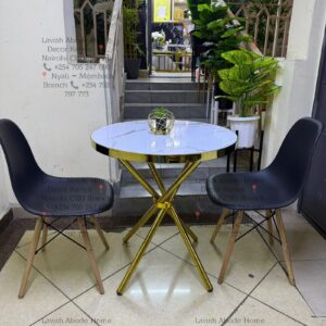 Round Marble Effect Dining Table with 2 Black Eames Chairs – Modern Dining Set | Furniture Kenya
