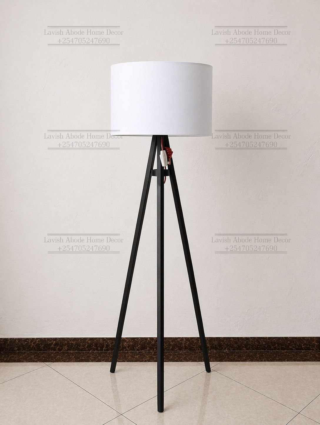 White Tripod Floor Lamp – Wooden Stand with Fabric Shade | Modern Lighting Kenya