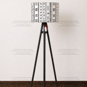 White Ankara Tripod Floor Lamp 160cm – Wooden Stand with Patterned Shade | Modern Lighting Kenya