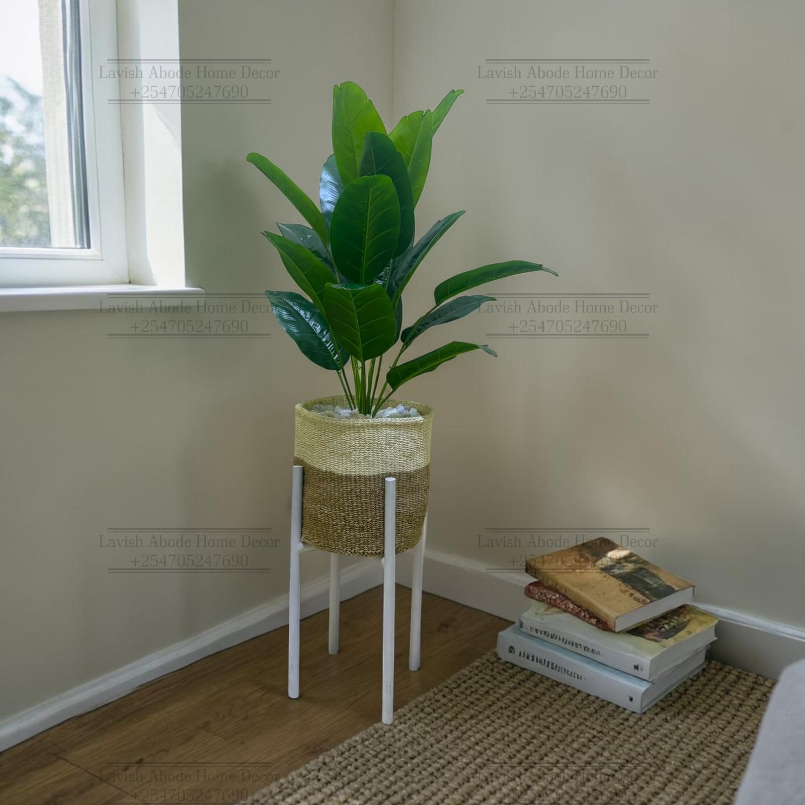 Artificial Banana Plant in Woven Sisal Basket with White Metal Stand – African Style Indoor Decor | Home Decor Kenya
