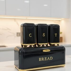 Nordic Bread Bin & 3 Canister Set Black with Gold Touch – Modern Kitchen Storage Set | Home Essentials Kenya