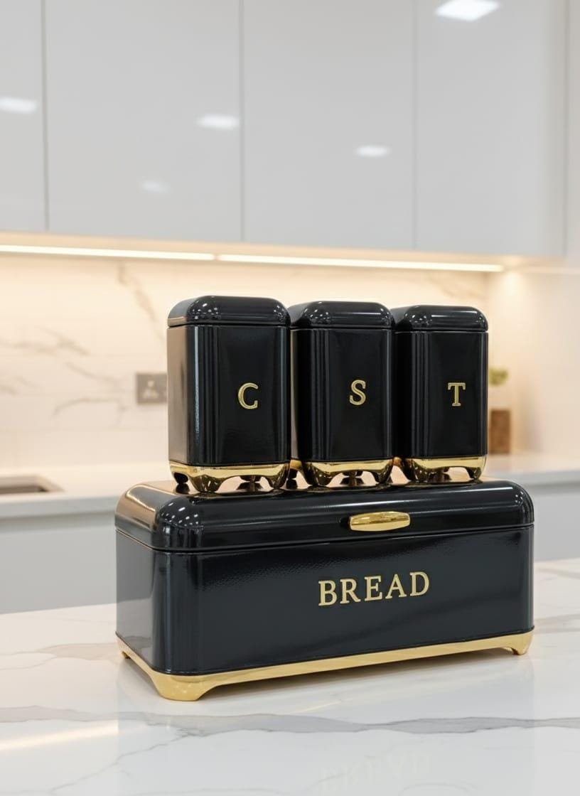 Nordic Bread Bin & 3 Canister Set Black with Gold Touch – Modern Kitchen Storage Set | Home Essentials Kenya