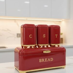 Nordic Bread Bin & 3 Canister Set Red with Gold Touch – Modern Kitchen Storage Set | Home Essentials Kenya