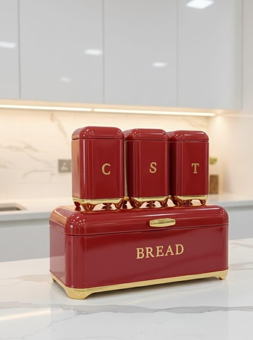 Nordic Bread Bin & 3 Canister Set Red with Gold Touch – Modern Kitchen Storage Set | Home Essentials Kenya