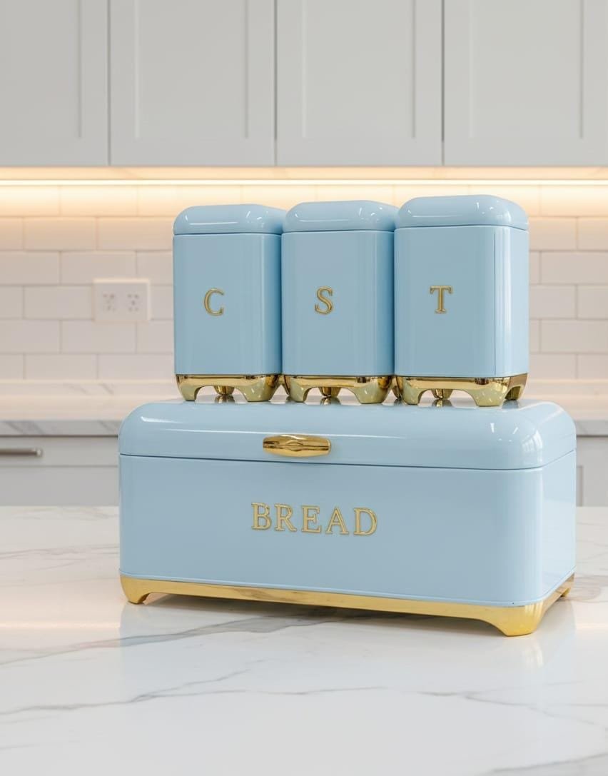 Nordic Bread Bin & 3 Canister Set Light Blue with Gold Touch – Modern Kitchen Storage Set | Home Essentials Kenya