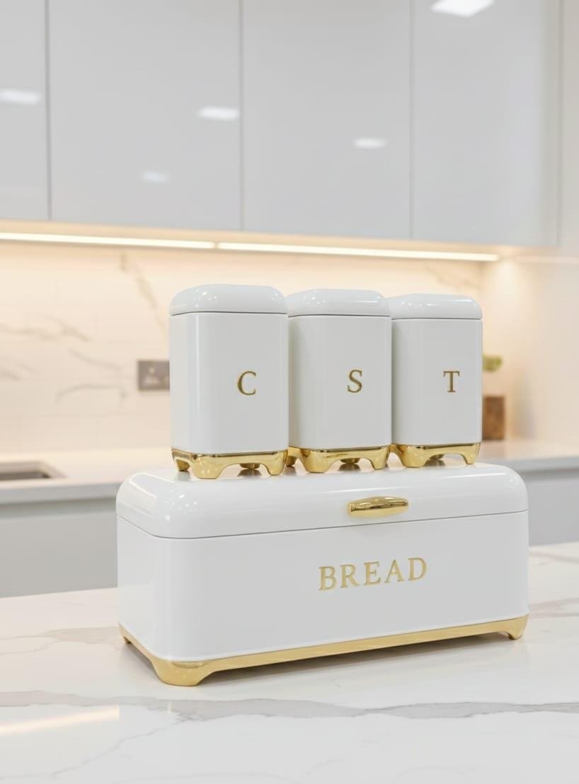 Nordic Bread Bin & 3 Canister Set White with Gold Touch – Modern Kitchen Storage Set | Home Essentials Kenya
