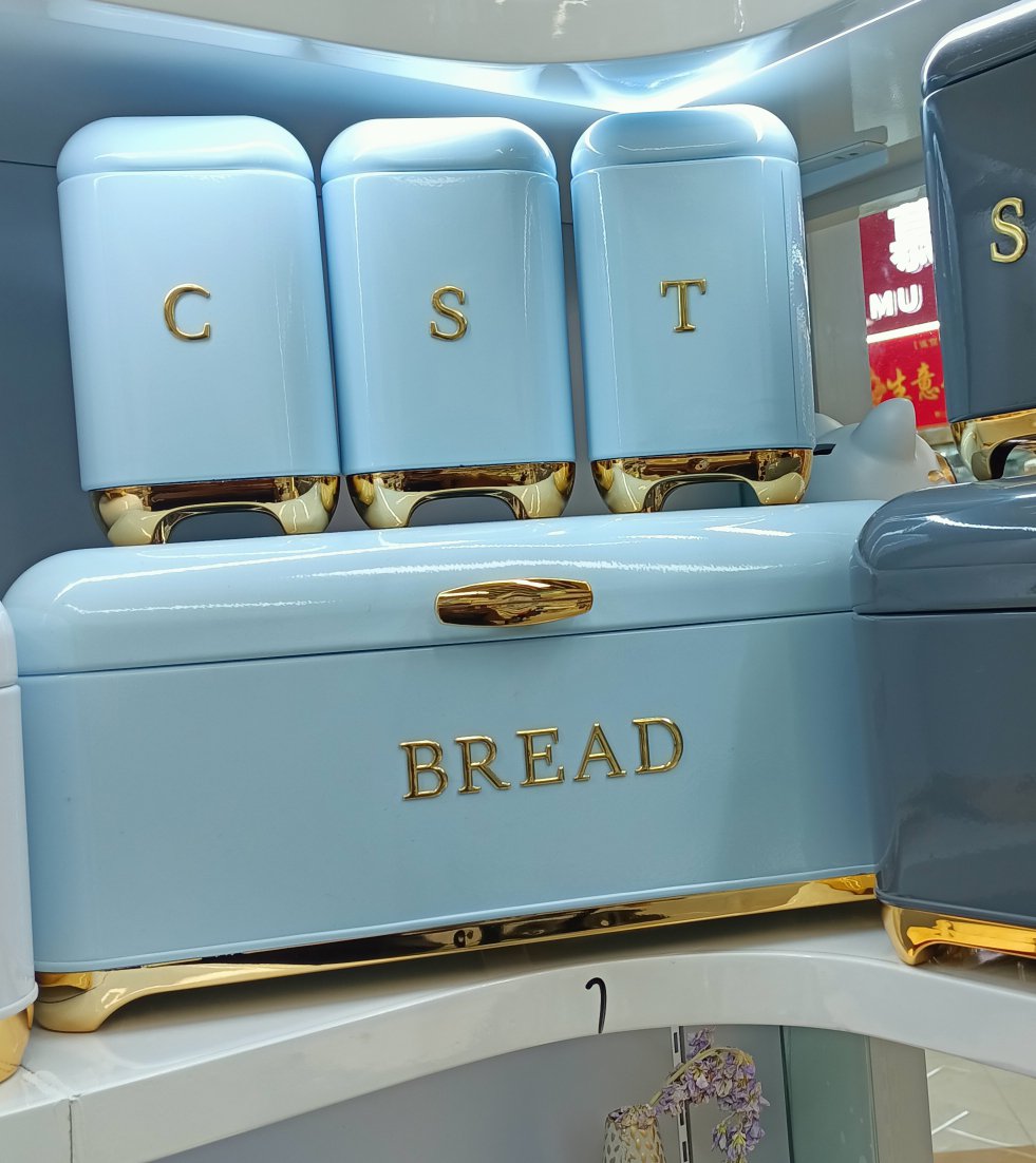 Nordic Bread Bin & 3 Canister Set Light Blue with Gold Touch – Modern Kitchen Storage Set | Home Essentials Kenya - Image 2
