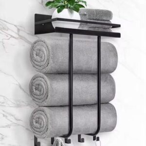 Wall-Mounted Bathroom Towel Rack with Shelf & 5 Hooks – Black Metal Organizer | Bathroom Essentials Kenya