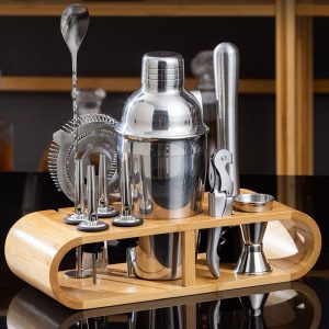 Premium Cocktail Shaker Set 11-Piece – Stainless Steel Bartending Kit with Wooden Display Frame | Luxury Home Bar Set Kenya