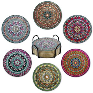 6PCS Mandala Print Drink Coasters with Metal Holder – Decorative Table Coaster Set | Home Decor Kenya