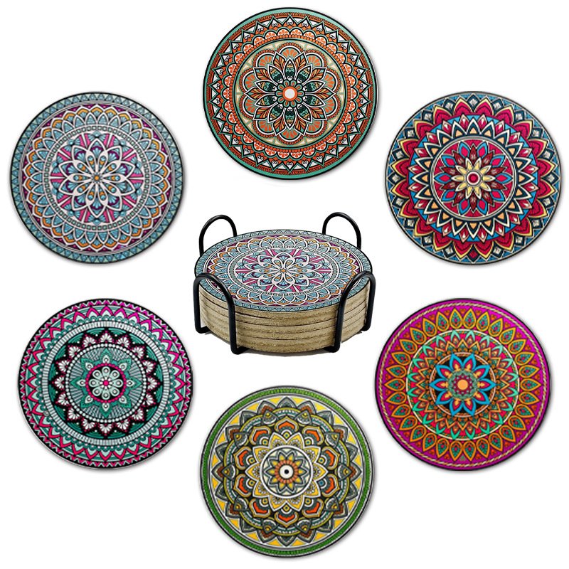 6PCS Mandala Print Drink Coasters with Metal Holder – Decorative Table Coaster Set | Home Decor Kenya