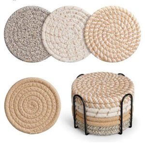 8PCS Beige Cotton Woven Drink Coasters with Metal Holder – Absorbent Table Coaster Set | Dining Decor Kenya