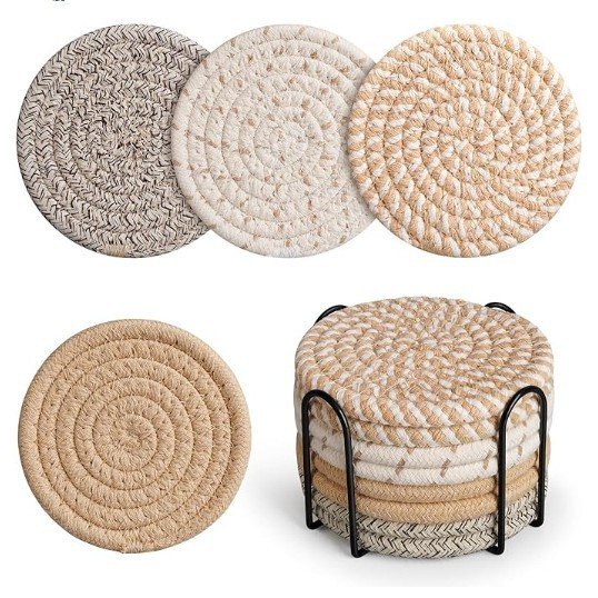 8PCS Beige Cotton Woven Drink Coasters with Metal Holder – Absorbent Table Coaster Set | Dining Decor Kenya