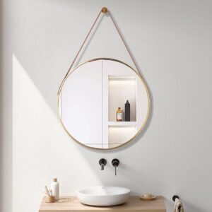 Nordic Round Wall Hanging Mirror with Leather Strap – Luxury Vanity & Bathroom Mirror | Home Decor Kenya