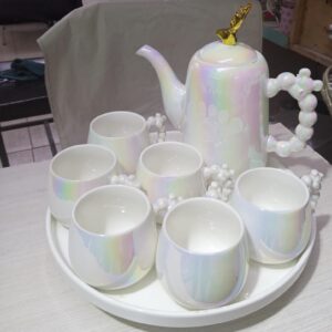 9PCS Luxury Pearl Handle Tea Set – Ceramic Teapot, Cups & Tray Set | Elegant Dining Kenya