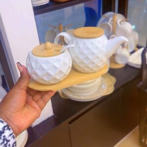Elegant 3-Piece Ceramic Tea Set – Kettle & Sugar Dish with Wooden Lids | Luxury Kitchen Set Kenya