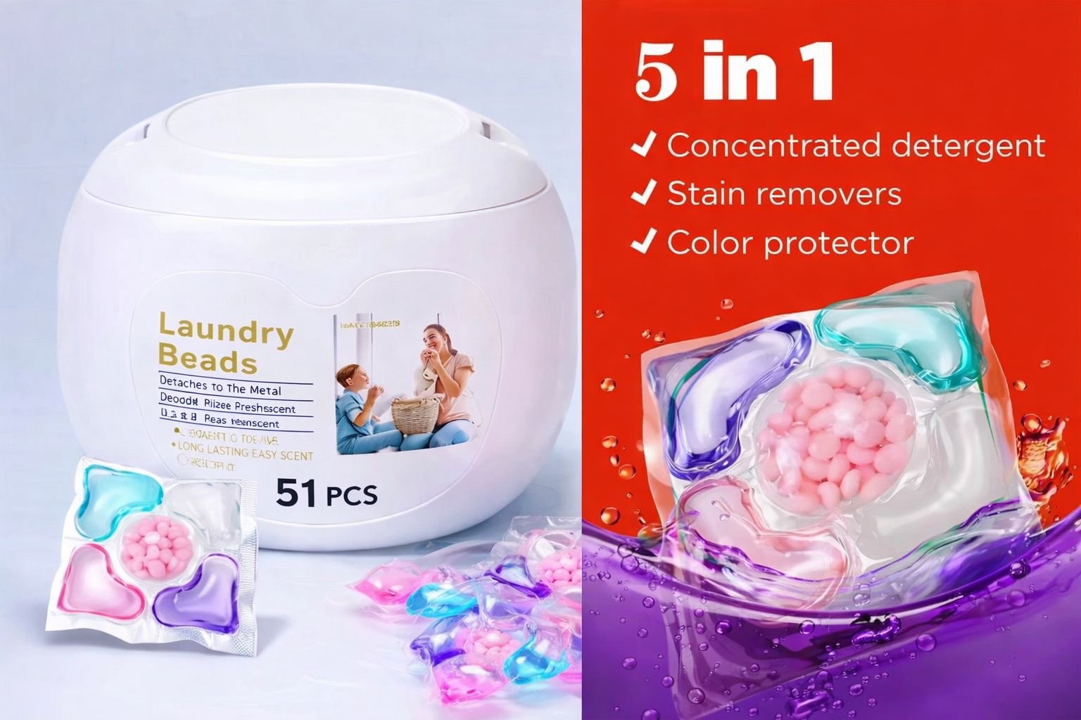 5-in-1 Laundry Pods + Fragrance Laundry Beads Combo Set (51pcs) – Powerful Stain Removal & Long-Lasting Freshness