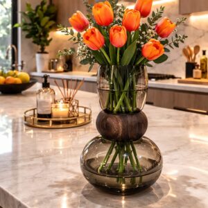 Nordic Modern Creative Dark Glass Vase with Wooden Ring – Luxury Home Décor Centerpiece | Elegant Interior Styling Kenya