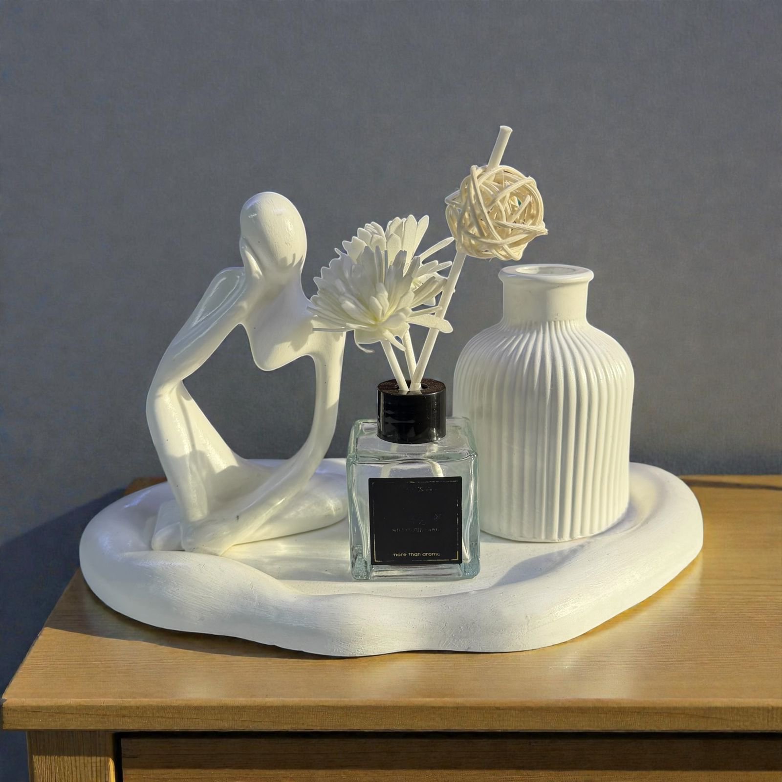 Luxury White Decor Setup Combo – Cloud Tray, Reed Diffuser, Bottle Vase & Thinker Man Ornament Set | Modern Home Décor Kenya