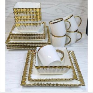 24-Piece Gold-Rimmed Ceramic Dinnerware Set for 6 – Luxury Square Plates, Bowls & Mugs | Elegant Dining Set Kenya