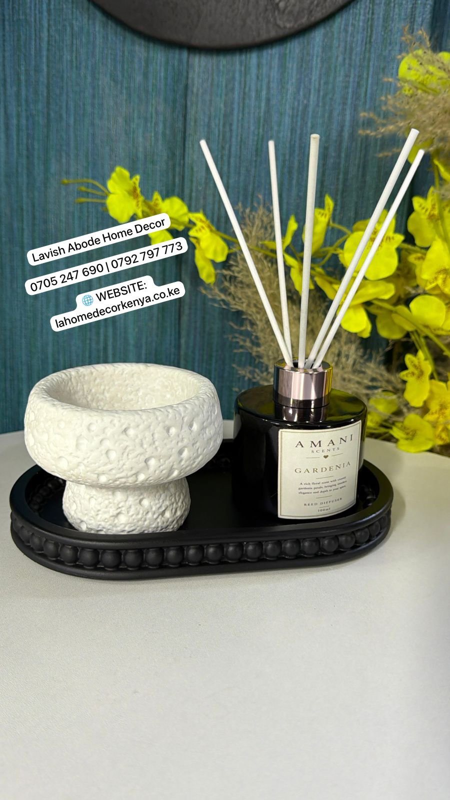 Premium Small Decor Set Up Combo – Beaded Tray, Mushroom Bowl & Amani Reed Diffuser | Luxury Home Décor Kenya