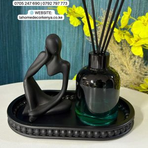 Black Decor Set Up Combo – Beaded Tray, Thinking Man Sculpture & Reed Diffuser | Luxury Home Décor Kenya