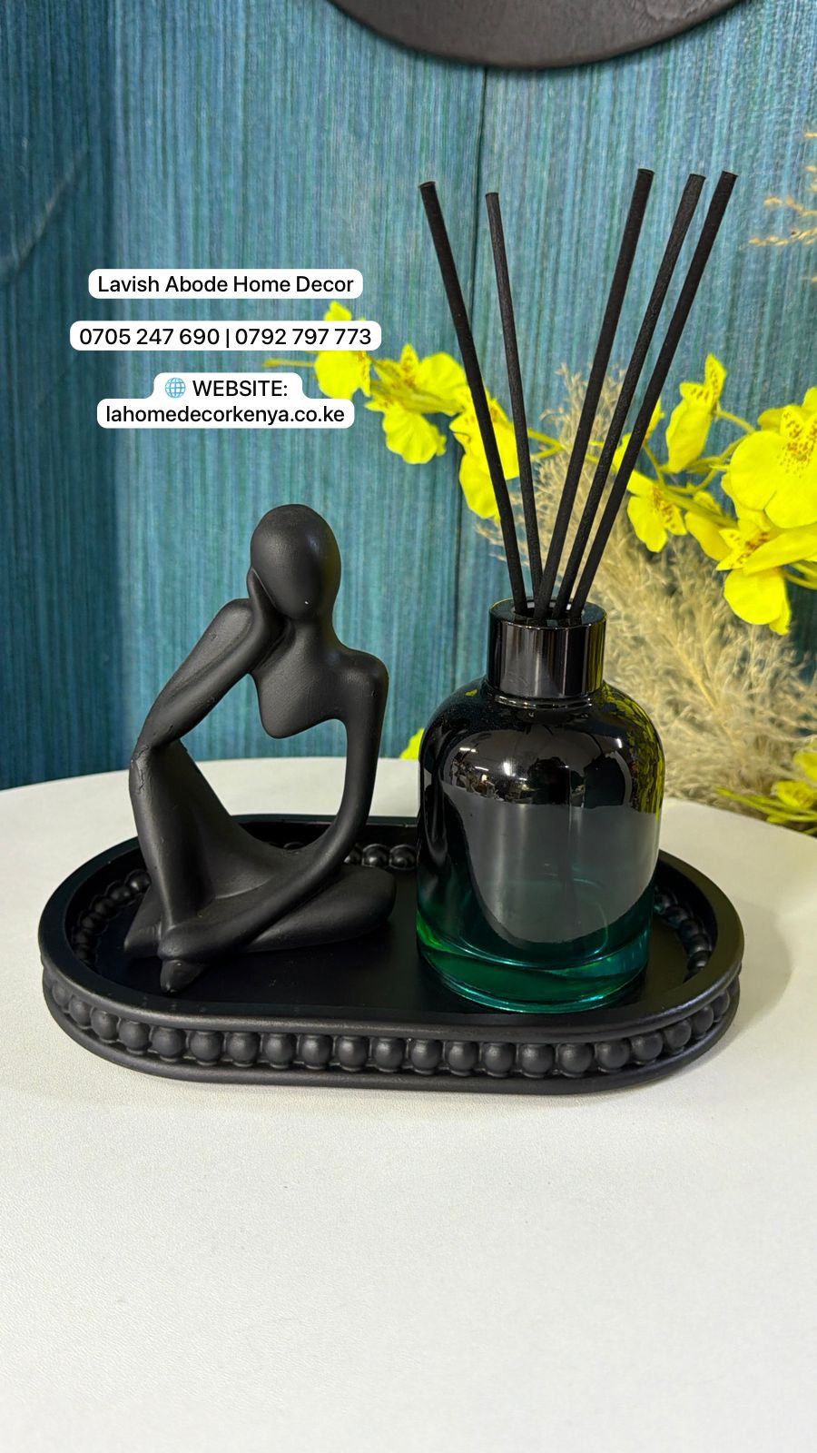 Black Decor Set Up Combo – Beaded Tray, Thinking Man Sculpture & Reed Diffuser | Luxury Home Décor Kenya