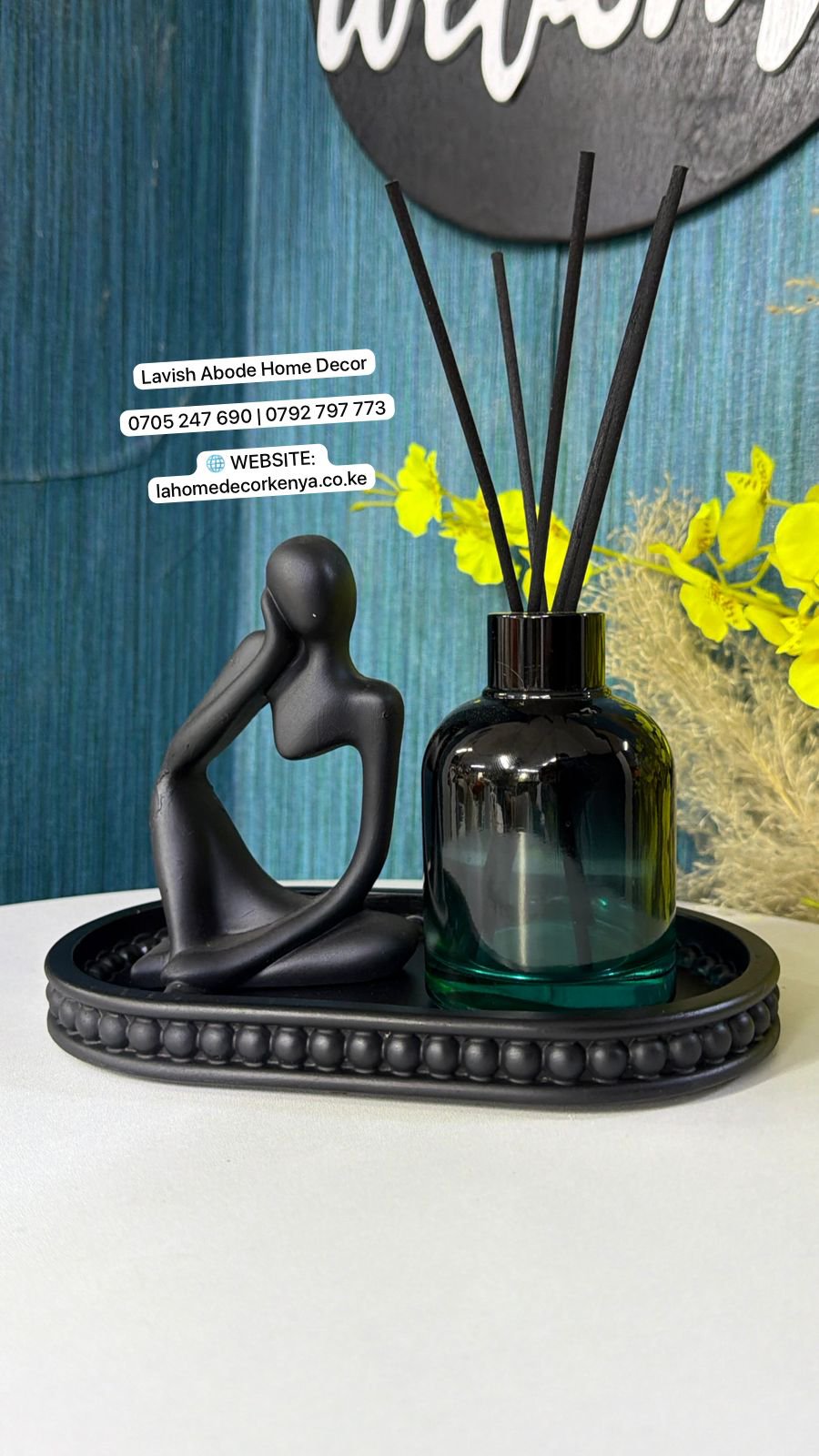 Black Decor Set Up Combo – Beaded Tray, Thinking Man Sculpture & Reed Diffuser | Luxury Home Décor Kenya - Image 2