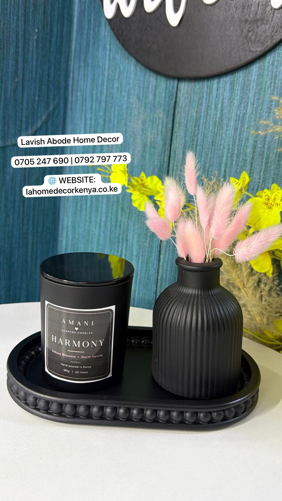 Black Decor Setup – Beaded Tray, Ribbed Vase, Bunny Tail Grass & Scented Candle | Luxury Home Décor Kenya - Image 2