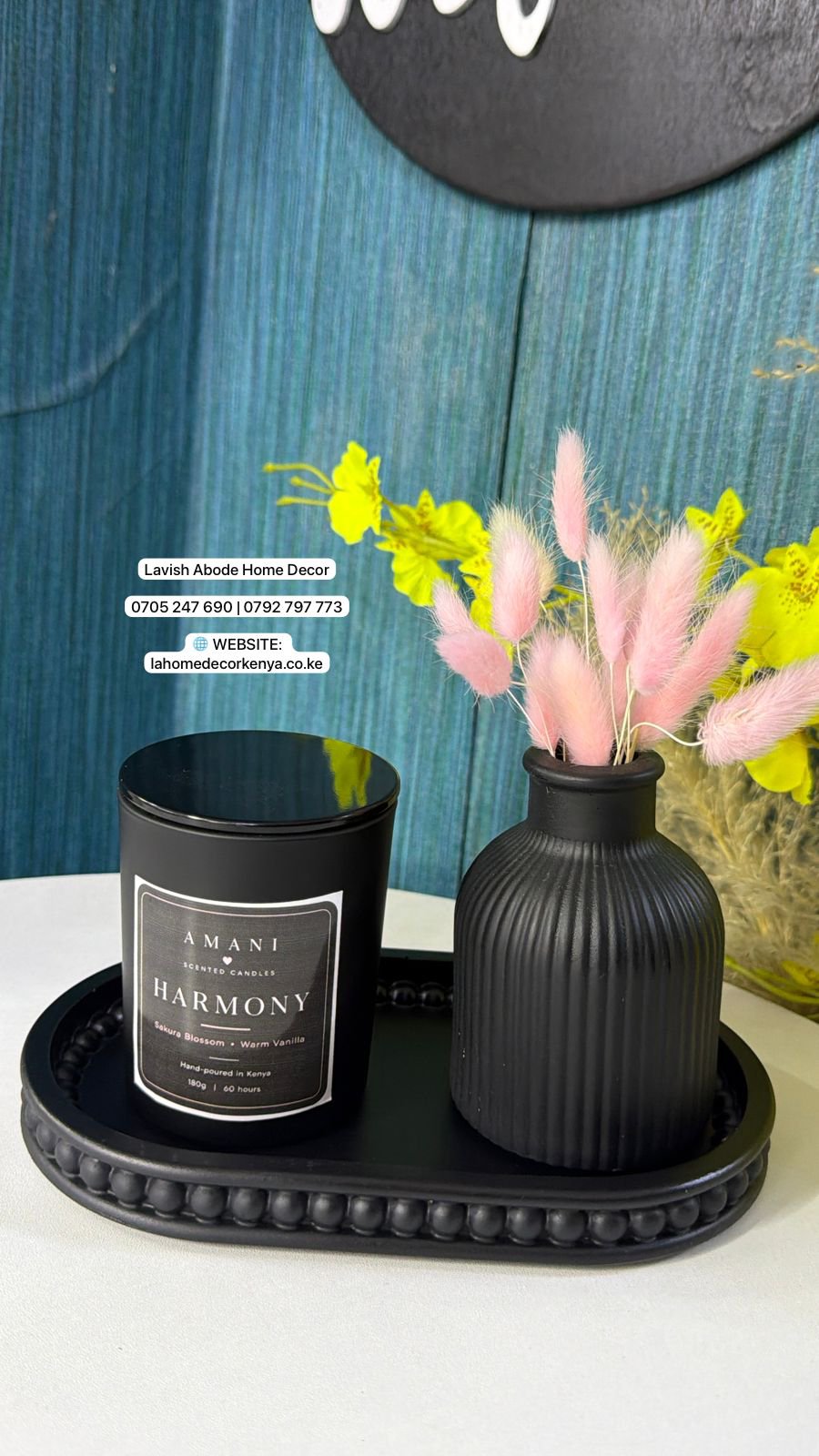 Black Decor Setup – Beaded Tray, Ribbed Vase, Bunny Tail Grass & Scented Candle | Luxury Home Décor Kenya - Image 3