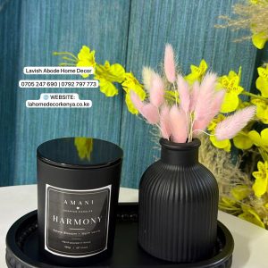 Black Decor Setup – Beaded Tray, Ribbed Vase, Bunny Tail Grass & Scented Candle | Luxury Home Décor Kenya