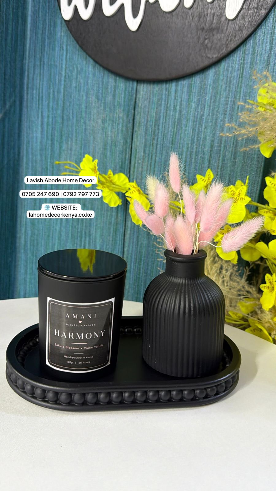 Black Decor Setup – Beaded Tray, Ribbed Vase, Bunny Tail Grass & Scented Candle | Luxury Home Décor Kenya