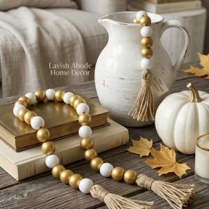 Gold & White Wooden Bead Garland with Tassels – 60cm Decorative Beaded Accent | Luxury Home Décor Kenya