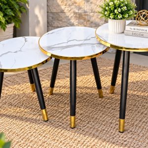 Modern 3-Piece Round Coffee Table Set – White Marble-Effect Tops with Gold Trim & Black Legs | Luxury Coffee Tables Kenya
