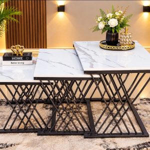 Modern 3-in-1 Executive Square Coffee Table Set – Pure Marble Tops & Black Metal Frame | Luxury Coffee Tables Kenya