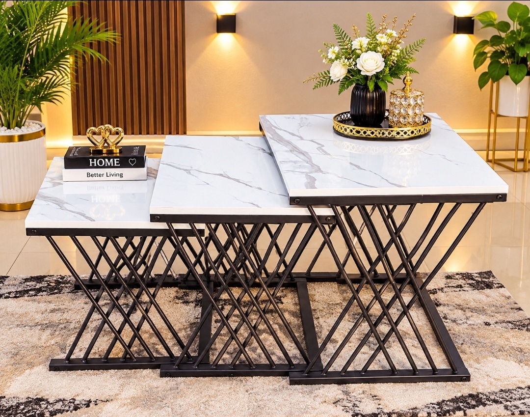 Modern 3-in-1 Executive Square Coffee Table Set – Pure Marble Tops & Black Metal Frame | Luxury Coffee Tables Kenya