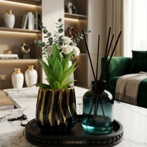 Black & Gold Decor Setup Combo – Artificial Succulent, Beaded Tray & 200ml Reed Diffuser | Luxury Home Decor Kenya